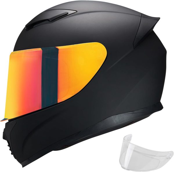 Full Face Helmet Black Motorcycle Motorbike Street Bike Racing for Adults   Approved (with Chrome Red, L)
