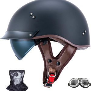 Retro Motorcycle Helmets for Men Women Open Face Helmets Sun Visor Quick Release Buckle MM107 DOT Approved Half Face Crusier Helmet (Matte Black, M)