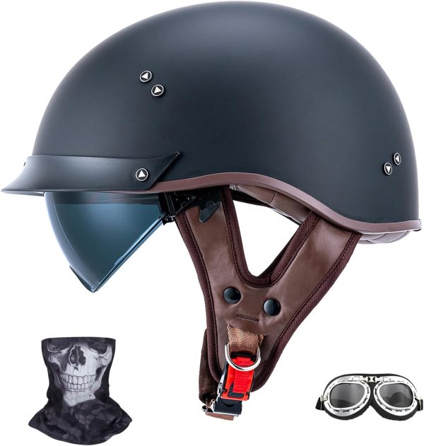 Retro Motorcycle Helmets for Men Women Open Face Helmets Sun Visor Quick Release Buckle MM107 DOT Approved Half Face Crusier Helmet (Matte Black, M)