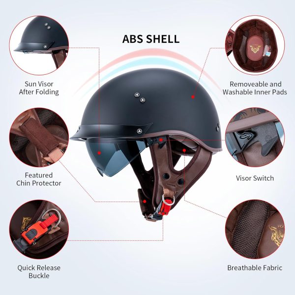 Retro Motorcycle Helmets for Men Women Open Face Helmets Sun Visor Quick Release Buckle MM107 DOT Approved Half Face Crusier Helmet (Matte Black, M) - Image 2